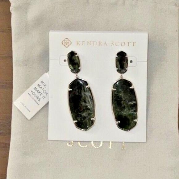 Kendra Scott Elle Custom Statement Earrings Silver & Green Sage Mica NEW - Picture 6 of 6